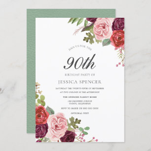 Mint Pink Blush Floral 90. Geburtstagsparty Einlad Einladung