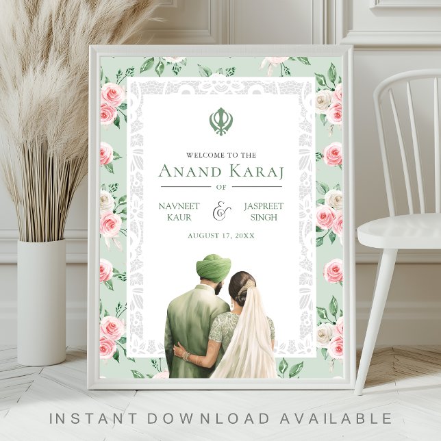 Mint Pink Floral Anand Karaj Wedding Begrüßungszei Poster (Von Creator hochgeladen)