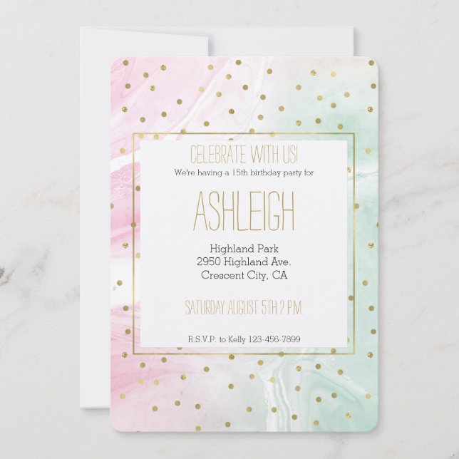 Mint Pink Gold Ombre Confetti Geburtstag Einladung (Vorderseite)