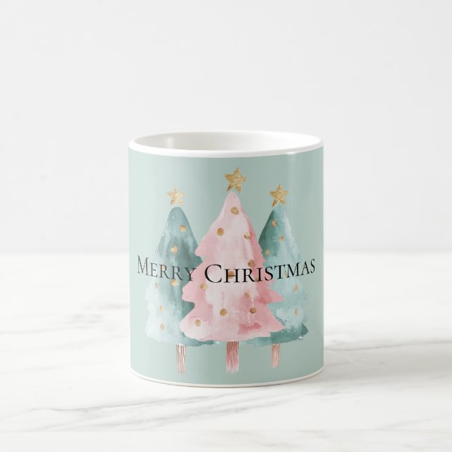 Mint Pink Green Christmas Trees Gold Stars Kaffeetasse (Mittel)
