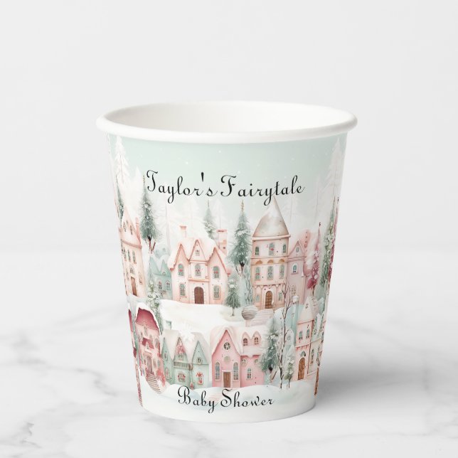 Mint Pink Watercolor Wintermärchendusche Pappbecher (Vorderseite)