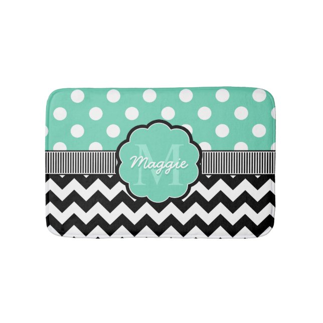 Mint Polka Dots Black Zickzack Monogram Badematte (Vorderseite)