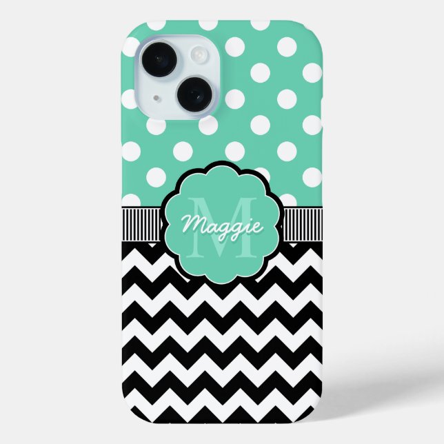 Mint Polka Dots Black Zickzack Monogram Case-Mate iPhone Hülle (Rückseite)