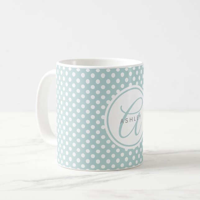 Mint Polka Dots Personalisierter Name Kaffee Tasse (Vorderseite Links)