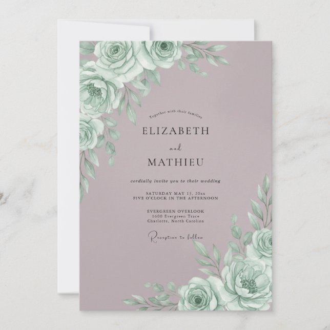 Mint Rose Botanical Romance Wedding Einladung (Vorderseite)