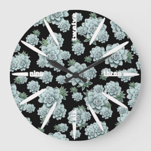 Mint Rosette Succulents Wiederholen Druck auf schw Große Wanduhr