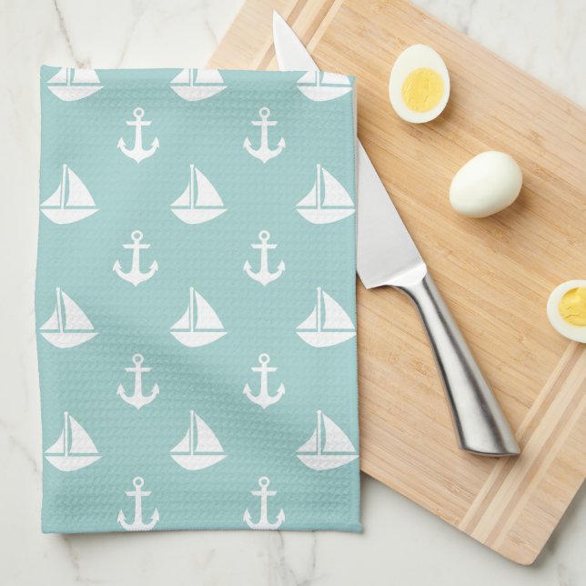Mint Sailboote und Anchors Muster Handtuch (Viertel Falte)