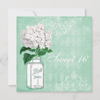 Mint Shabby Chic Mason Jar & Hydrangea Sweet 16 Einladung