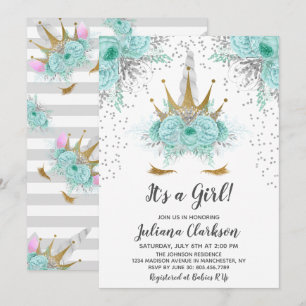 Mint, Silber & Gold Einhorn Prinzessin Babyparty Einladung