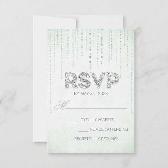 Mint & Silver Glitzer Look Hochzeitkarte RSVP (Vorderseite)