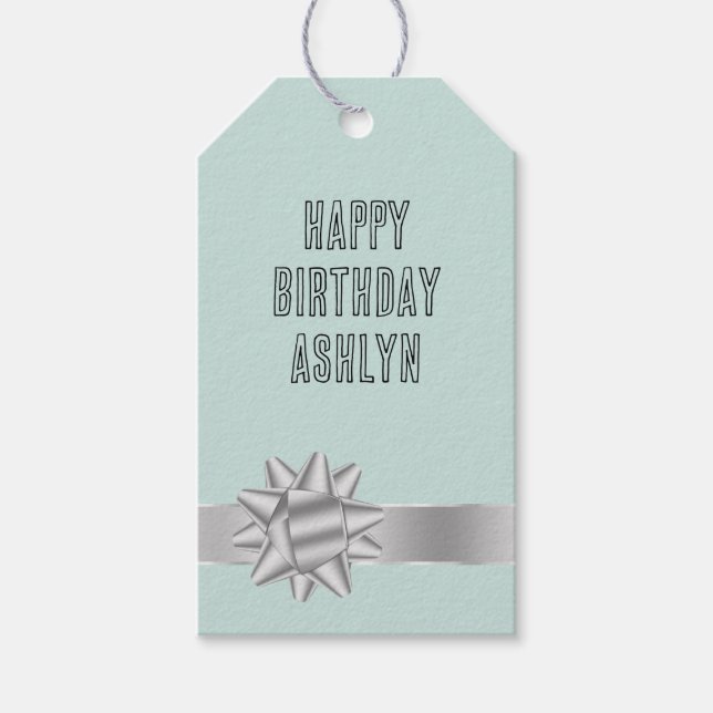 Mint Silver Ribbon Bow Geburtstag Geschenkanhänger (Vorderseite)