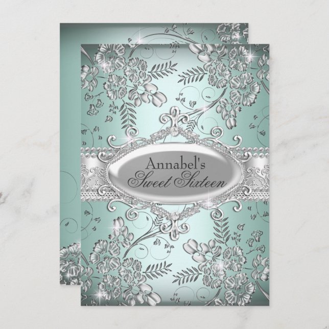 Mint Silver Sparkle Blume Sweet 16 Einladung (Vorne/Hinten)