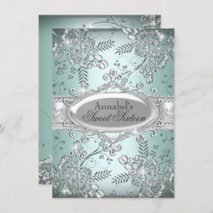 Mint Silver Sparkle Blume Sweet 16 Einladung
