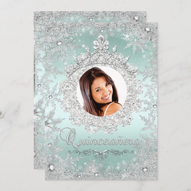 Mint Silver Tiara Snowflake Sparkle Quinceanera Einladung (Vorne/Hinten)