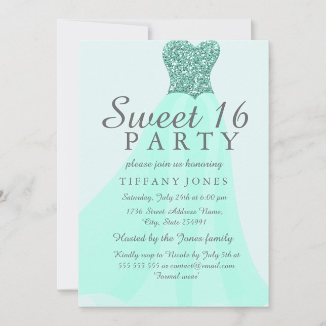 Mint Sparkling Glitzer Gown Sweet 16 Einladung (Vorderseite)