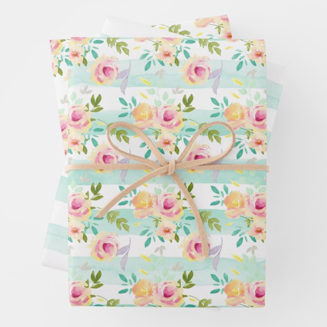Mint Stripes floral Chic Geschenkpapier Set (Beispiel)