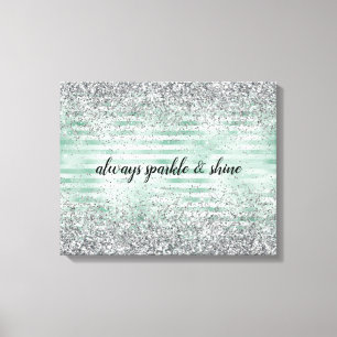Mint Stripes Glam Glitz Silver Glitzer Leinwanddruck