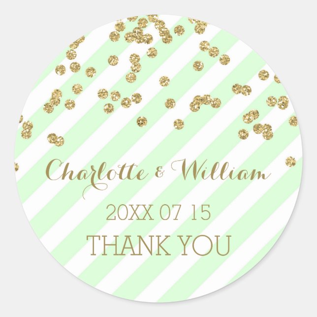 Mint Stripes Gold Confetti Gastgeschenk Hochzeit T Runder Aufkleber (Vorderseite)