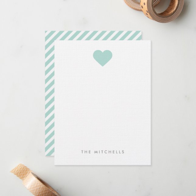 Mint Sweet Heart Monogram Stationery Mitteilungskarte (Vorderseite/Rückseite Beispiel)
