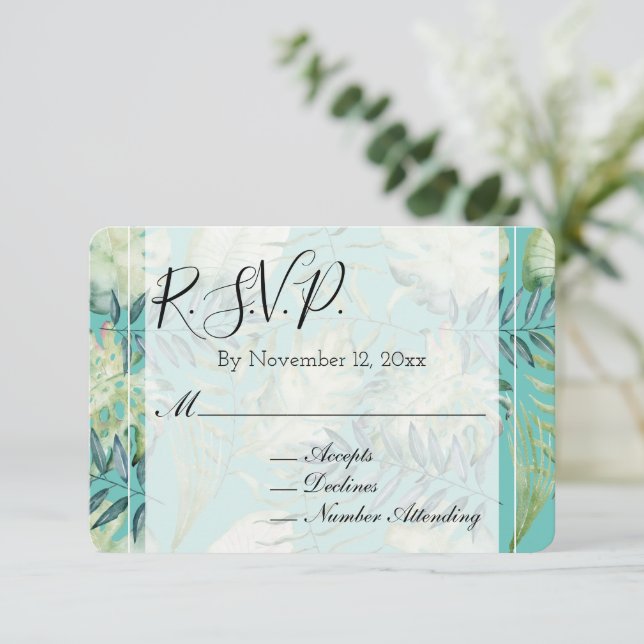 Mint Tropical Green Blätter Hochzeit RSVP Begleitkarte (Stehend Vorderseite)