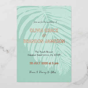 Mint Tropical Palm Leaf Hochzeit Folieneinladung