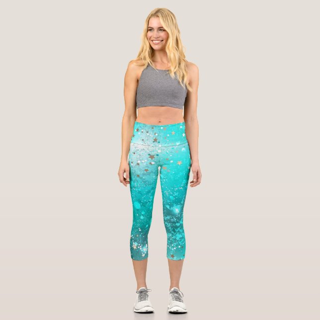 Mint Turquoise Foil Hintergrund Capri Leggings (Vorderseite)