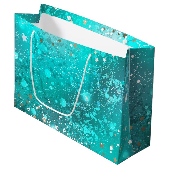 Mint Turquoise Foil Hintergrund Große Geschenktüte (Vorderseite Schrägansicht)