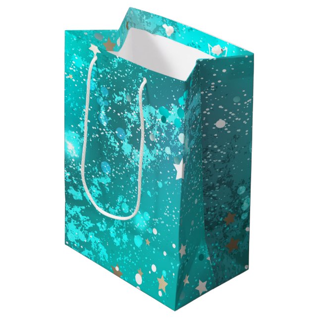Mint Turquoise Foil Hintergrund Mittlere Geschenktüte (Vorderseite Schrägansicht)