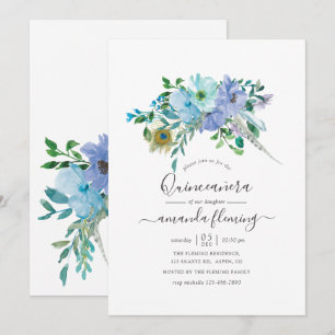 Mint- und Blaue Aquarell-Boho-Floral-Quinceañera Einladung
