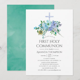 Mint- und Blaue Boho-Erste Heilige Kommunion Einladung