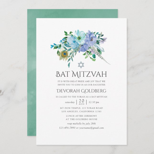 Mint und Blue Boho Floral Bat Mitzvah Einladung (Vorne/Hinten)
