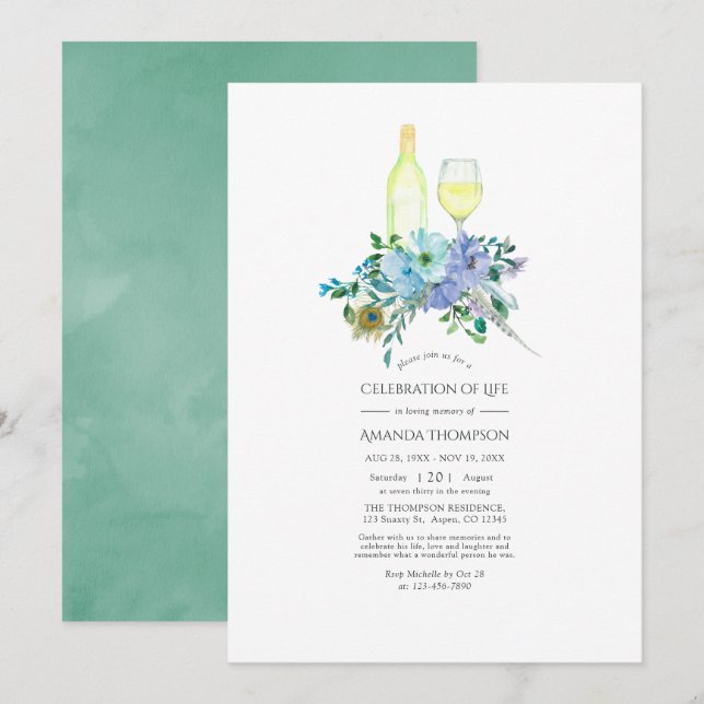 Mint und Blue Boho Wein zum Thema Lebensfeier Einladung (Vorne/Hinten)