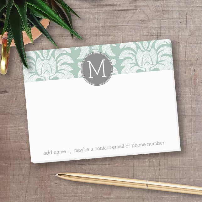 Mint- und Grau-Damaskusmuster mit individuellem Mo Post-it Klebezettel (Personalized post-it notes - add your name and other text)