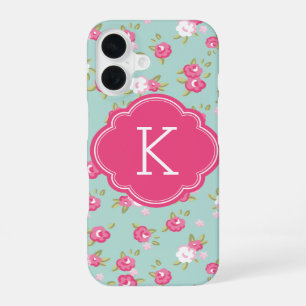 Mint und Rosa Schick Vintage Blumenprint Monogramm iPhone 16 Hülle