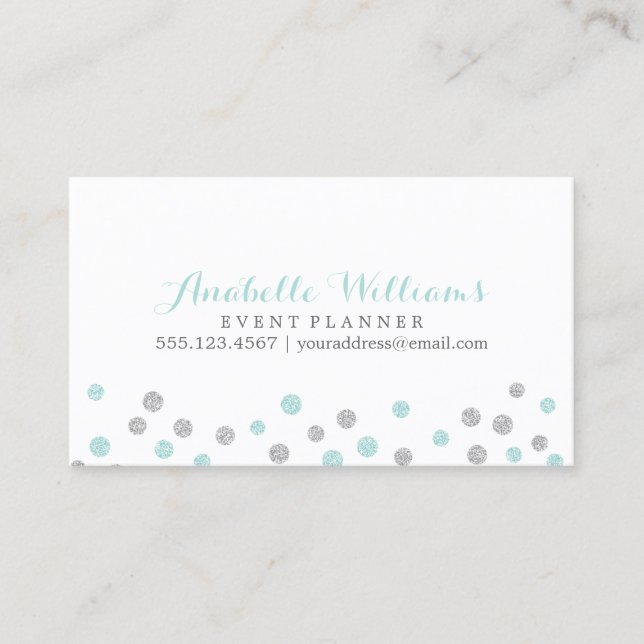 Mint und Silver Glitzer Confetti Dots Visitenkarte (Vorderseite)