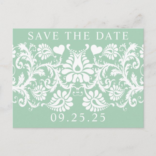 Mint Unique Damask Save the Date Ankündigungspostkarte (Vorderseite)