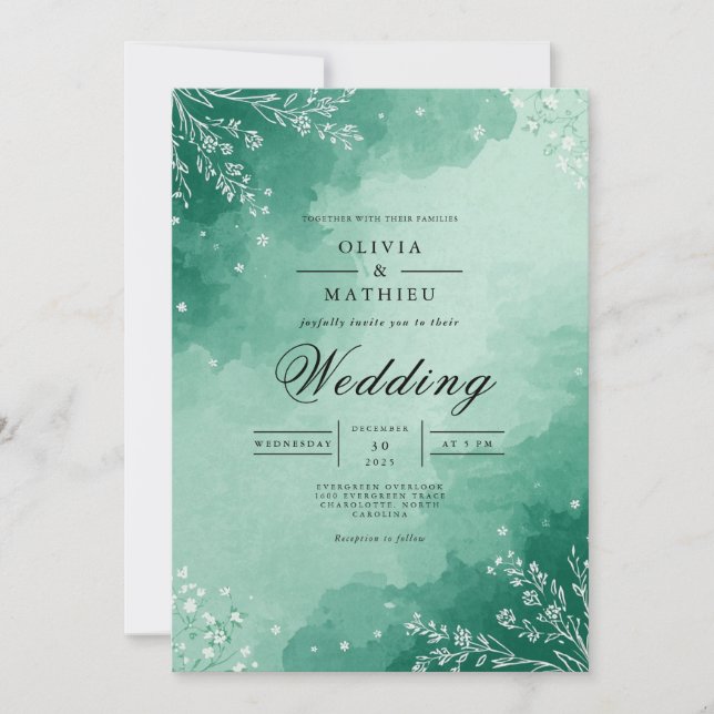 Mint Watercolor Bloom Wedding Einladung (Vorderseite)