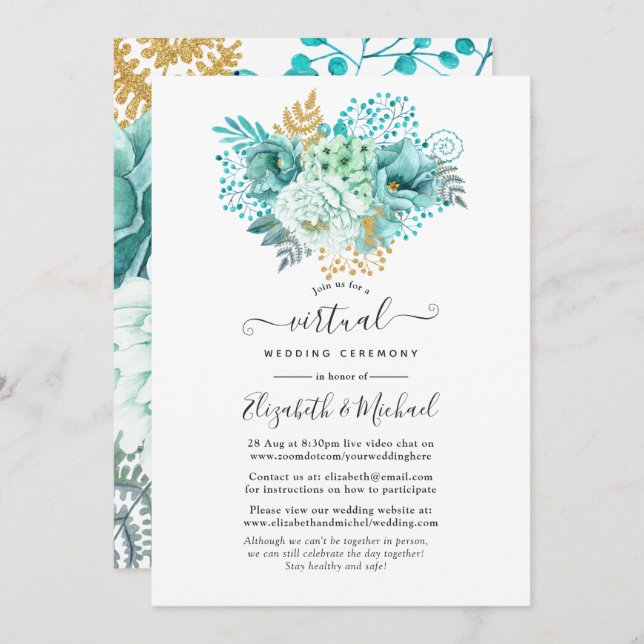 Mint Watercolor Floral Online Virtual Wedding Einladung (Vorne/Hinten)