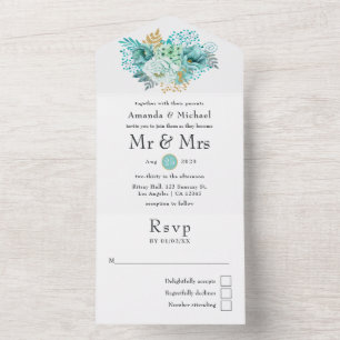 Mint Watercolor Floral Wedding All In One Einladung