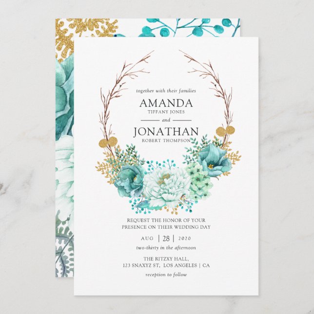Mint Watercolor Floral Wedding Einladung (Vorne/Hinten)