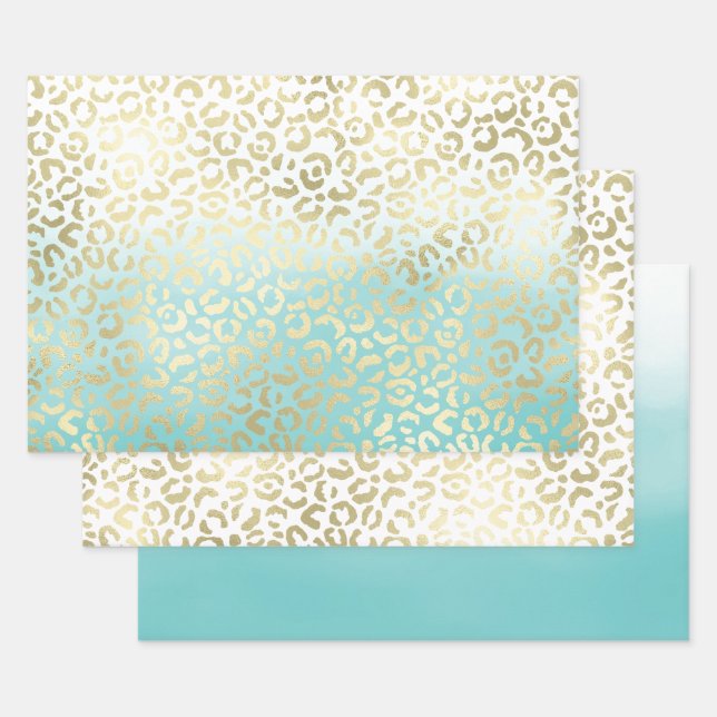 Mint Watercolor Ombre Glam Gold Leopard Geschenkpapier Set (Set)