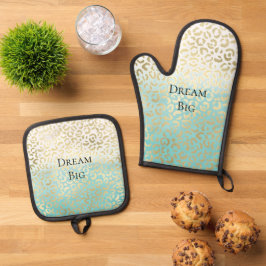 Mint Watercolor Ombre Glam Gold Leopard Ofenhandschuh & Topflappen-Set