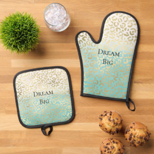 Mint Watercolor Ombre Glam Gold Leopard Ofenhandschuh & Topflappen-Set