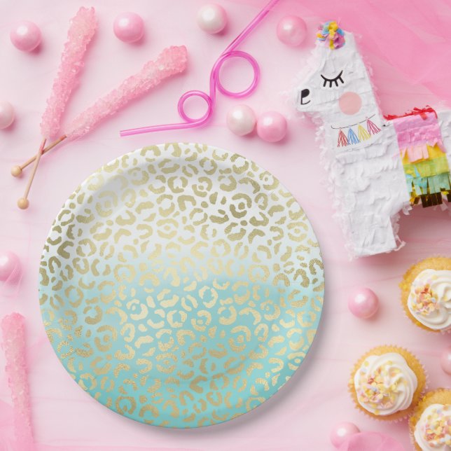Mint Watercolor Ombre Glam Gold Leopard Pappteller (Party)