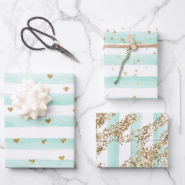 Mint Watercolor Streifen Gold Glitzer Herz Geschenkpapier Set