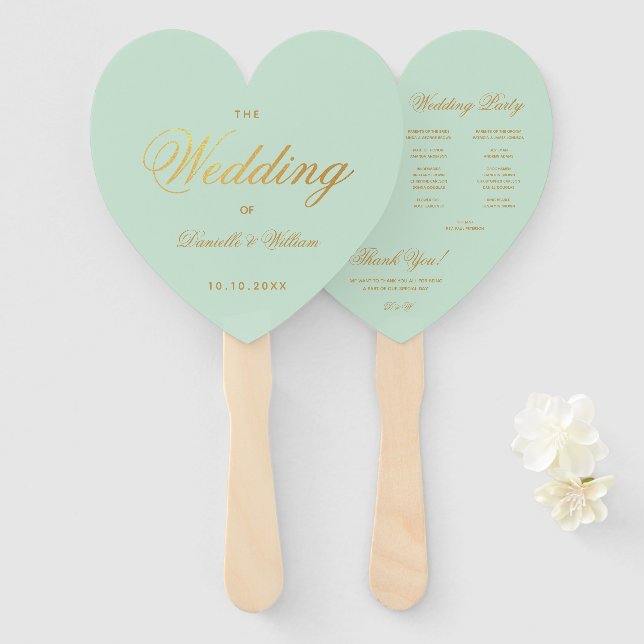 Mint Wedding Program Imitate Gold Script Green Hea Fächer (Vorne und Hinten)