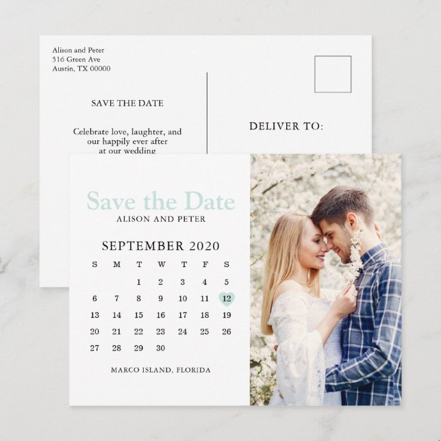 Mint Wedding Save the Date Calendar Foto Ankündigungspostkarte (Vorne/Hinten)