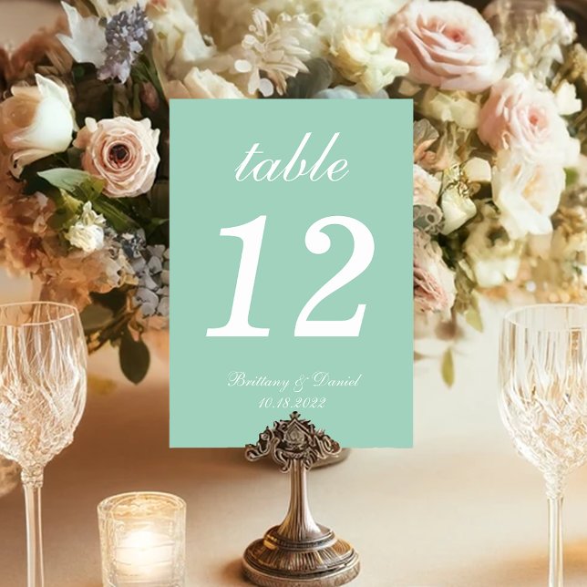 Mint Wedding White Script Calligraphy Simple Green Tischnummer (Von Creator hochgeladen)