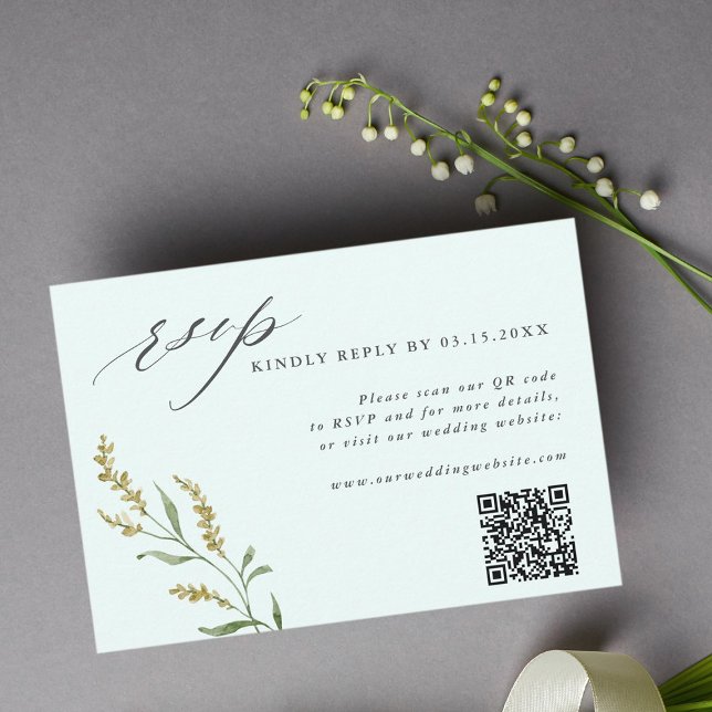 Mint Wildblume Elegant Wedding QR Code RSVP Karte (Von Creator hochgeladen)