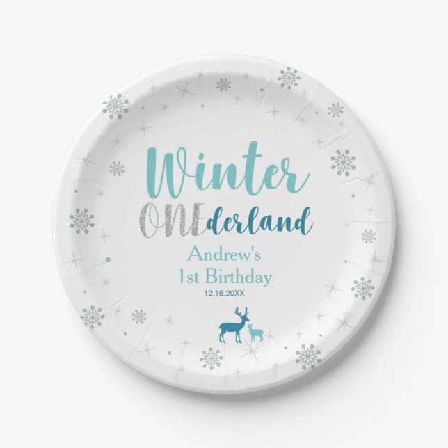 Mint Winter Onederland Boy 1. Geburtstag Party Pappteller (Vorderseite)